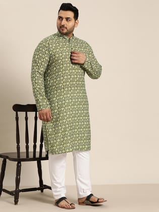 Men's Cotton Mehendi Printed Kurta and White Pyjama-44