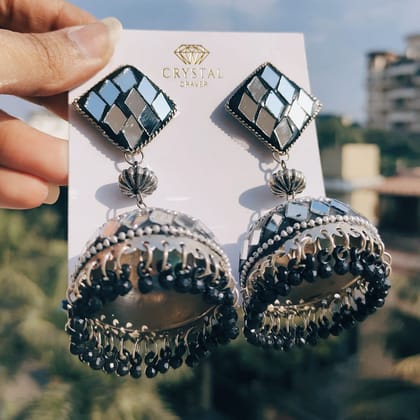 Black Mirror Work Jhumka Earrings