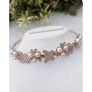 Traditional Hair Accessories for Women  Fancy Pearl Hairband  Mathapatti with Mangtika  Hair Chain Accessories for Bride  Wedding (Golden-1, Medium)