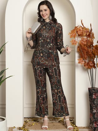 Grey Abstract Printed Premium Chanderi Tunic With Trousers Co-ord Set-s