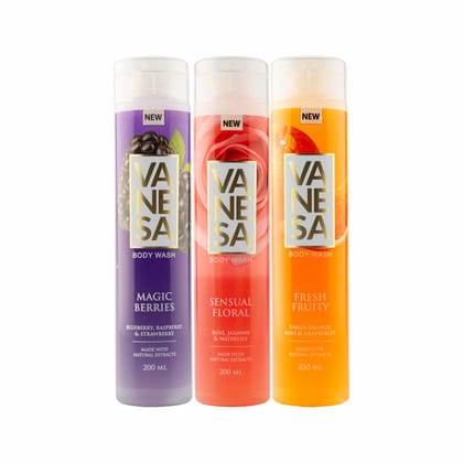 Vanesa Magic Berries, Fresh Fruity & Sensual Flora Body wash | Made with Natural Extracts | With Glycerin | For Fresh Glowing Skin | For Women | 200 ml each | Pack of 3