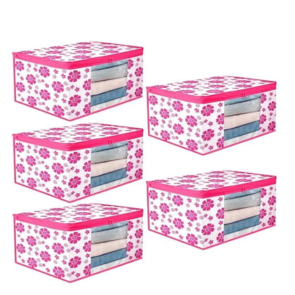 Bindian Multipurpose Saree Cover for Wardrobe Storage | Premium Non-Woven Fabric Cloth Organizer Box with Transparent Window & Zipper | Ideal for Storing Sarees & More (Pink Flower, Pack of 5)