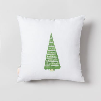 Green Christmas Tree Block Printed Cotton Cushion Cover 12x12-12 Inches x 12 Inches / 100% Cotton / White, Green, Grey & Peach