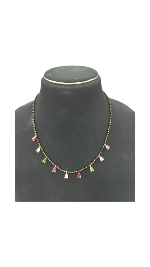 Black Beads Necklace with Gold Plated Pendants and Pink and Green Stones