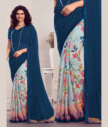 SARIK  FASHION Georgette Printed Regular Saree With Unstitched Blouse Piece ( Blue )