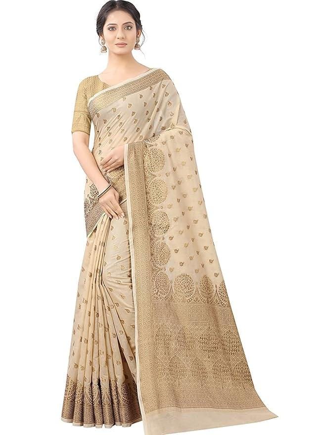 Women's Kanjivaram Cotton Silk Zari Butta/Butti Golden Zari Border Saree