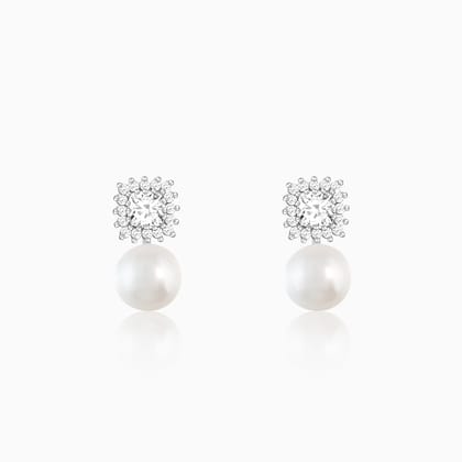 Silver Studded Drop Pearl Stud Earrings