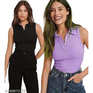 Trendy Women Sleeveless Black  Lavender Collar Tops  Tunics