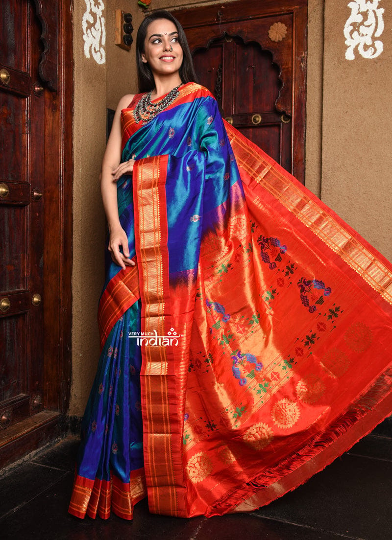 BestSeller Rajsi~ Pure Silk Handloom - Maharani Paithani in Dual Tone Blue with a striking Red Border and Pallu (Available in Floral Buttis)