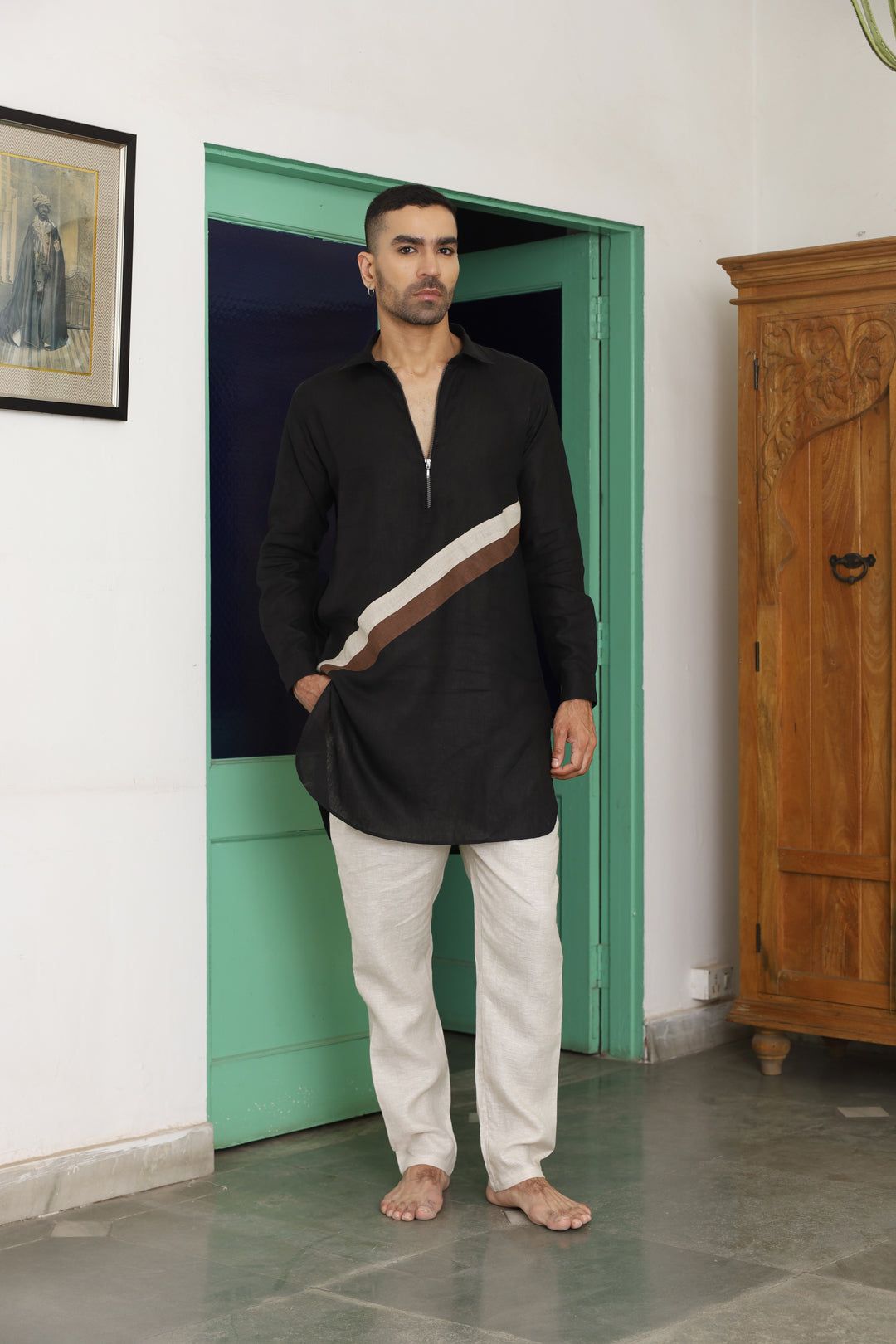 Omkara Black Linen  Pathani Set-XS/34