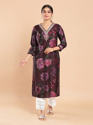 Kalyan Silks Floral Print Designed Dark Wine Kurti Top