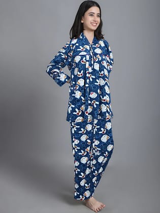 Cozy Hello Kitty Winter Night Suit - Blue & White-Free Size - Fit upto XL / Blue