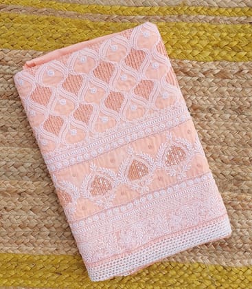 Hand-Embroidered Cotton Suit with Pearl Highlights | Peach