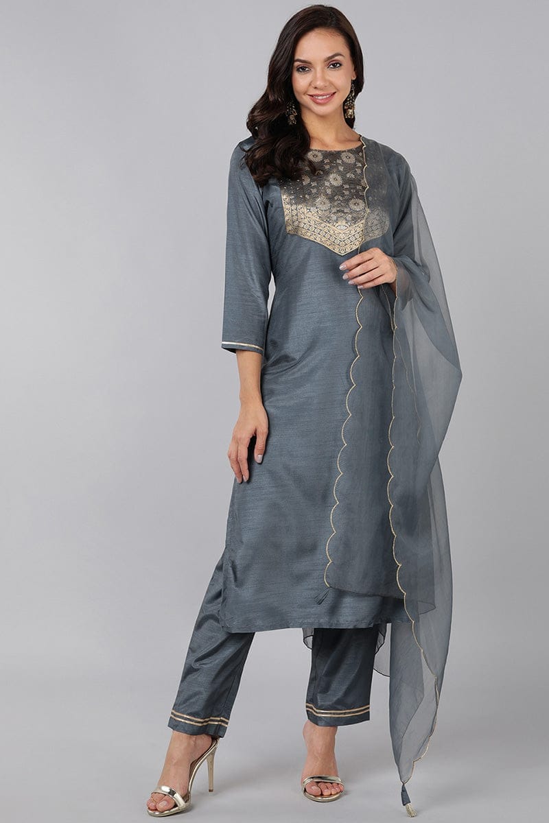 Grey Poly Silk Solid Straight Suit Set PKSKD1322