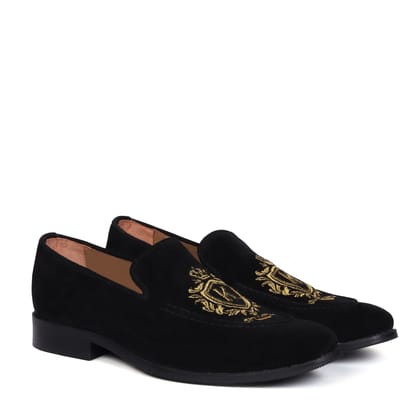 Bespoke Crown Crest Embroidered "K" Initial on Black Suede Leather Loafer By Brune & Bareskin-40/6