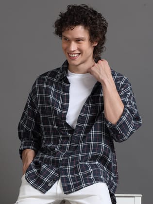 Premium Men LINEN Shirt, Relaxed Fit, Yarn Dyed Check, Full Sleeve, Navy Blue-S / Navy Blue Checks