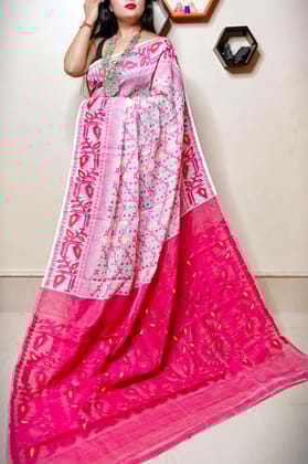 Jamdani Saree with all over Floral work-  Off White & Pink