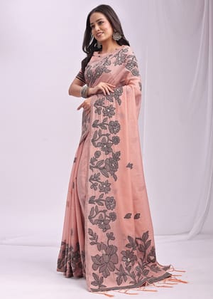 Rose Peach Woven Cotton Linen Silk Saree