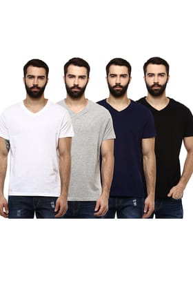 Men's V Neck Half Sleeves Pack of 4 T-Shirts - Black, Navy, White & Grey Melange-L / Black, Navy, White & Grey Melange