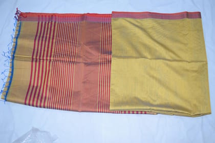 TULIP Traditional Cotton Saree, Yellow with Orange Border, Red Striped Pallu, Tassels, Handloom Style TULIP Traditional Cotton Saree, Yellow with Orange Border, Red Striped Pallu, Tassels, Handloom Style