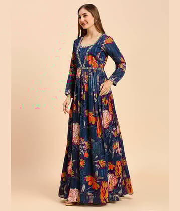 Madhuram Textiles Satin Printed Full Length Women's Gown - Blue ( Pack of 1 )