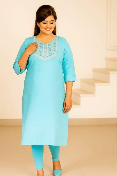Aqua Blue Cotton BlendEmbroidered Kurti Set