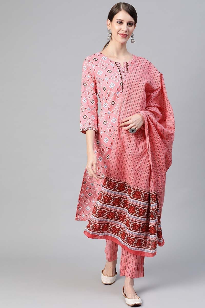 Pink Cotton Geometric Printed Straight Suit Set VKSKD1147
