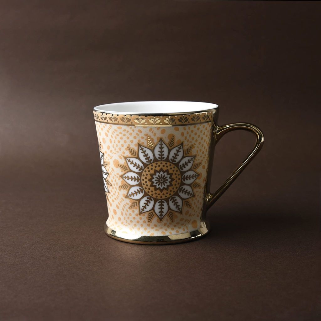 Femora Lotus Pattern with Golden Handle Golden Tea Mugs, Ceramic Tea Cups, Coffee Mugs (180 ml, Golden) - 6 Pcs Set