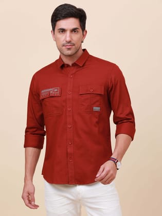 Rust Brown Solid Double Pocket Shirt-S
