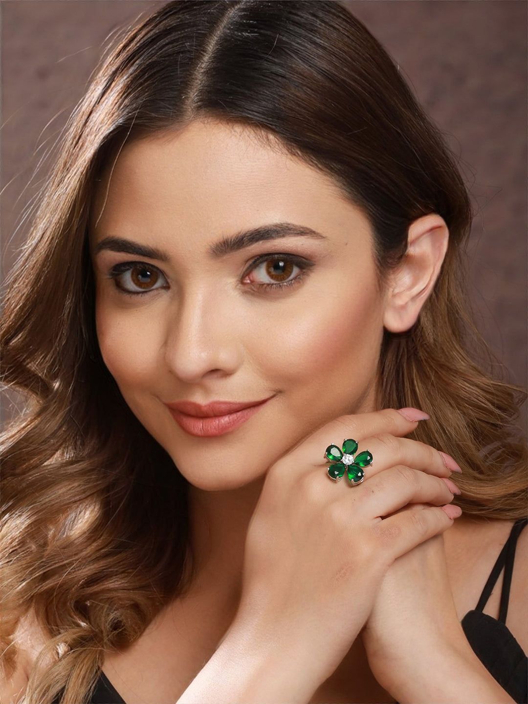 Silver Plated Green Emerald Zircon Minimal Floral Ring