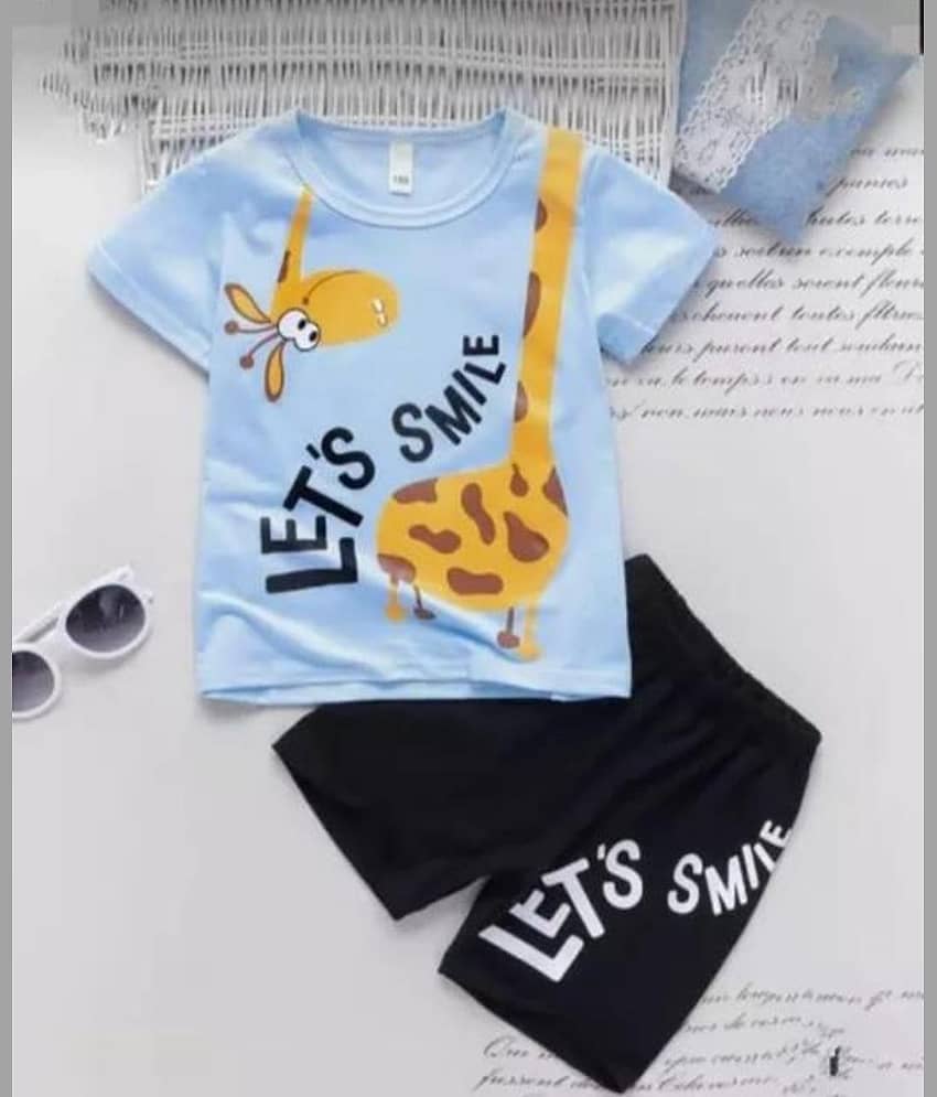 MUSNAH GARMENTS Pack of 1 Unisex for Baby Cotton T-Shirt & Shorts ( Light Blue )