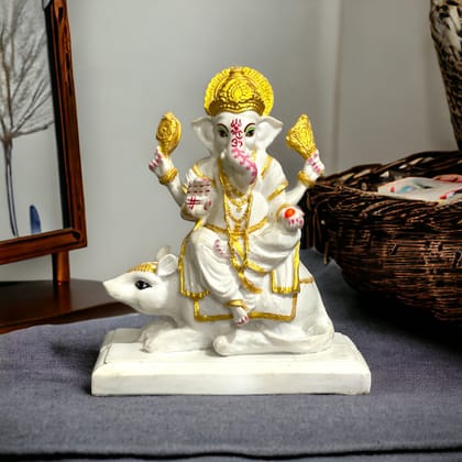 Lord Ganpati Sitting on Mushak Marble Statue Best Gift for Home H – 14 cm-Composite Marble