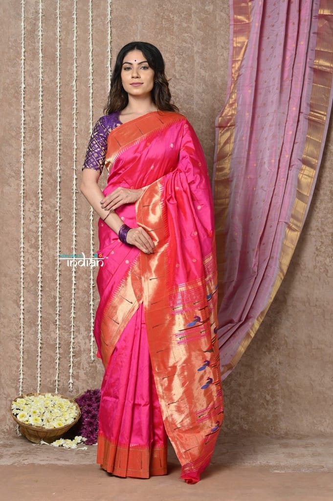 Tyohaar ~ Handloom Pure Silk Muniya Border Paithani Saree with Traditional Double Pallu ~ Peach Pink - Sarees | Buy online on ZillyBuy