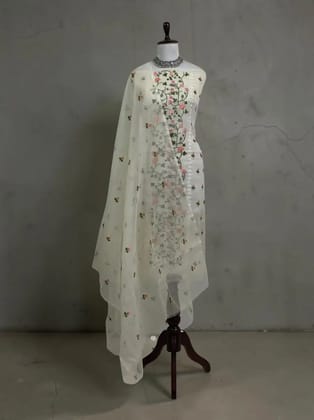 Kota Doria Handwoven Cotton Dress Material with Hand-Embroidered Florals