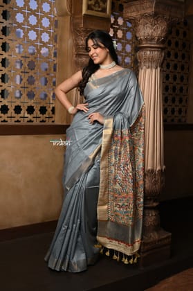 Parampara ~ Elegant Cotton Viscose Saree with Exquisite Hand-Painted Madhubani Art in Royal Ochre