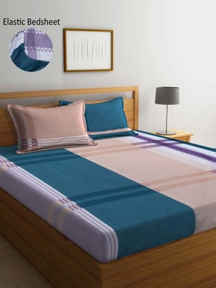 Teal & Peach-Coloured Geometric 300 TC King Bedsheet with 2 Pillow Covers