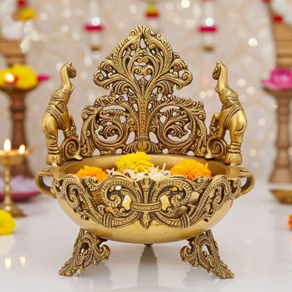 Brass Decorative Peacock Flower Urli - Artistic Handcrafted Bowl, Diameter : 8 Inch (BSMAS1146 A)
