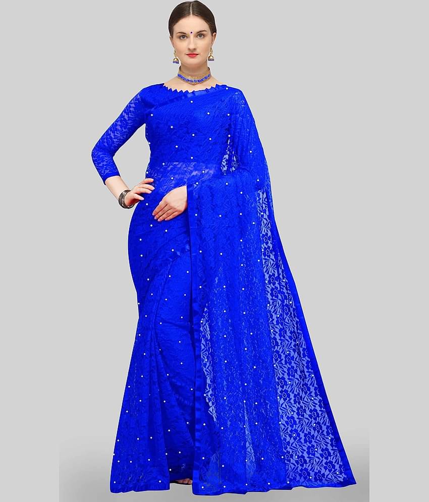 VANRAJ CREATION Net Self Design Saree With Unstitched Blouse Piece ( Blue )