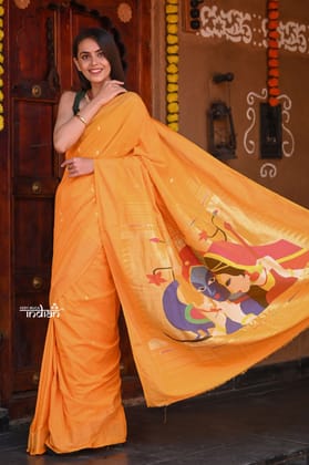 Raaga~ Traditional Handloom Pure Cotton Turmeric Yellow Paithani with Unique Radha Krishna Pallu(Shipping in 7 days)