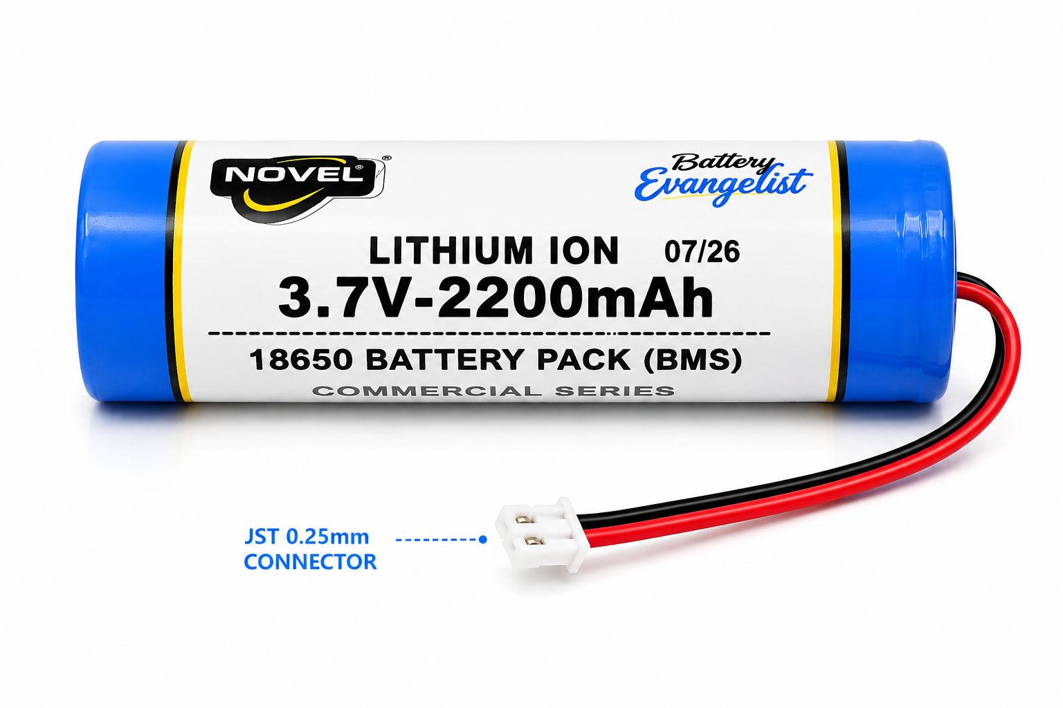 NOVEL 3.7V 18650 BMS LITHIUM ION BATTERY WITH JST 1.25mm PIN - 2200mAh