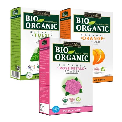 INDUS VALLEY BIO Organic Rose Petals Powder | Rosa indica, Orange Peel Powder | Citrus aurantium & Tulsi Powder | Ocimum Sanctum - (100x3 = 300g) INDUS VALLEY BIO Organic Rose Petals Powder | Rosa indica, Orange Peel Powder | Citrus aurantium & Tulsi Pow