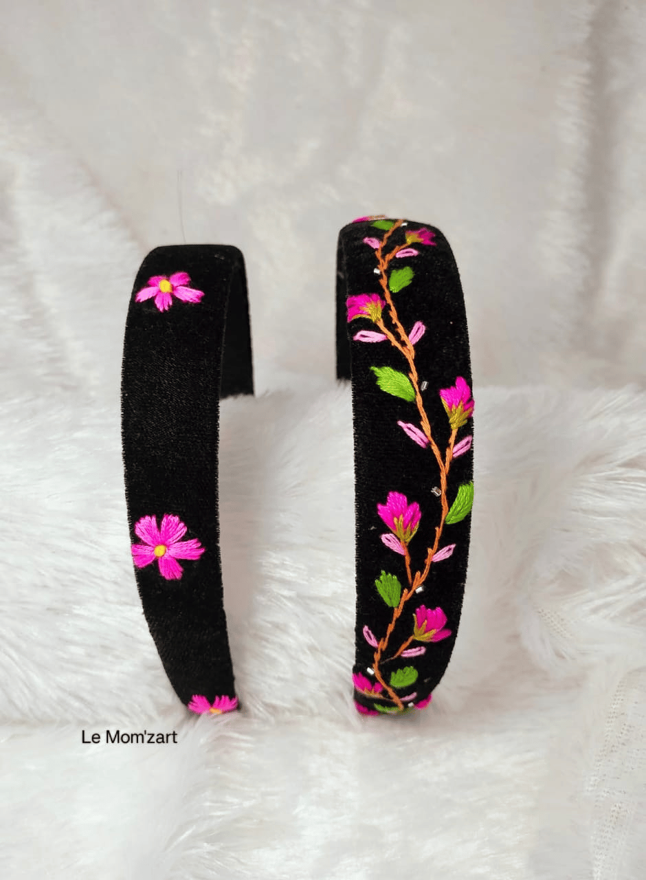 Le Mom'zart Hand Embroidered Floral Hairband (1 Unit) | Velvet Base, Artisanal | Party & Casual