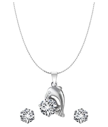 Vighnaharta Sterling  Cubic Zircon Solitaire Pendant with Chain with earring for Women and Girls - Silver