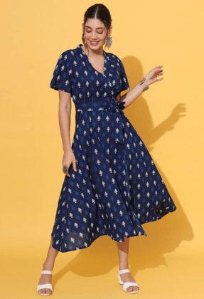 A-line Indigo Wrap Dress-S / Blue