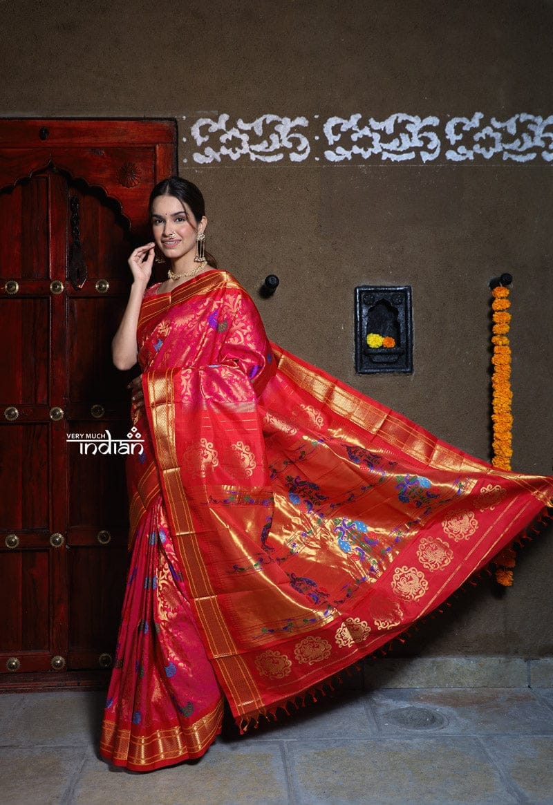 Rajsi~ Pure Silk Handloom - Maharani Brocade Paithani in Bright Pink with all over Peacocks Weaving
