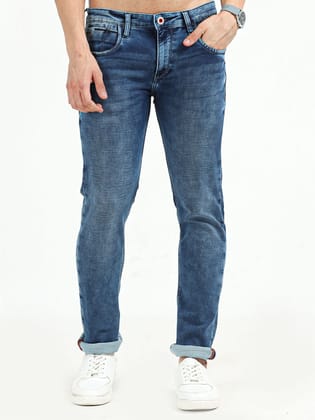 Men's Knitted Mid-Rise Mid Blue Slim Fit Jeans | Rick Rogue-32