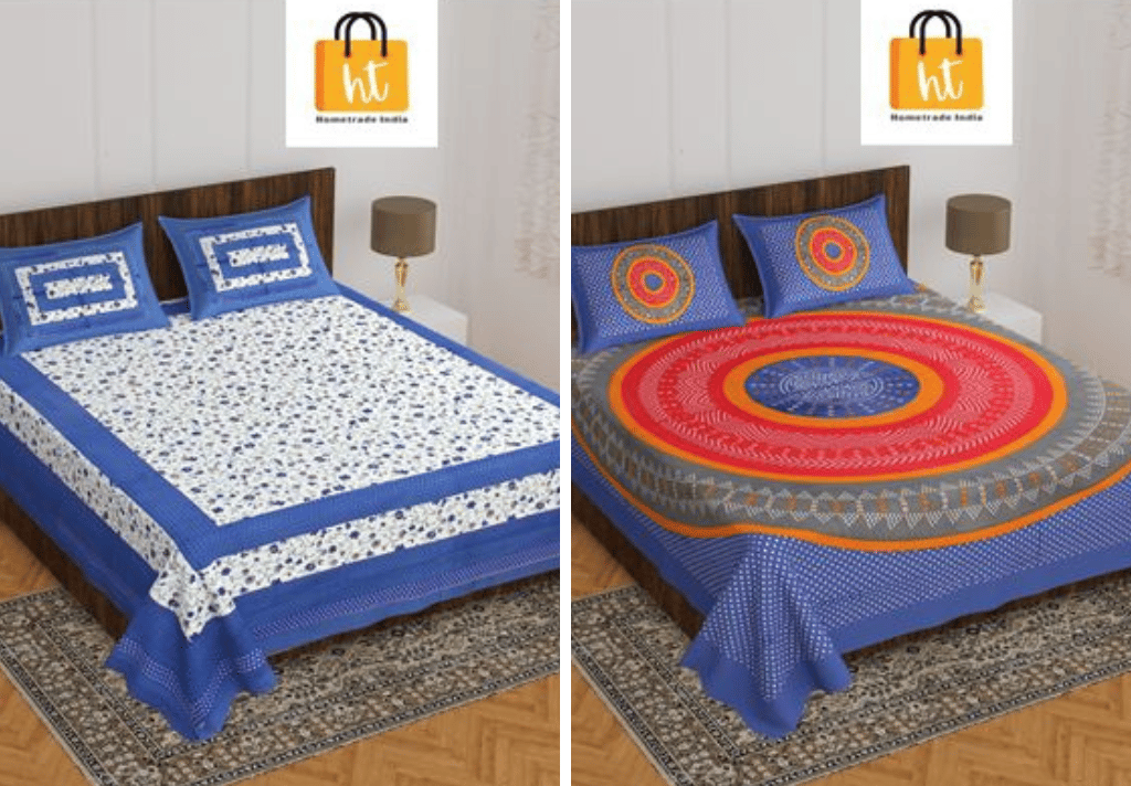2201-Hometrade India- Standard Double Size (90*100 in )-Combo Jaipuri Double bedsheet With Matching Pillow Cover