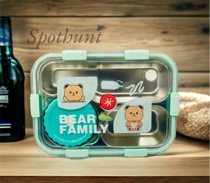 Bear family Lunch Box For Office | Lunch Box For School  | 0.7 Kg | 1200Ml (3 Compartment with bowl Stainless Steel), 1.2 Liter-Pink