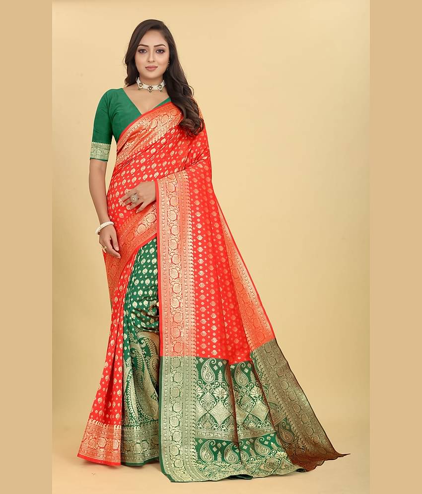 NENCY FASHION Banarasi Silk Woven Saree With Unstitched Blouse Piece ( Red )