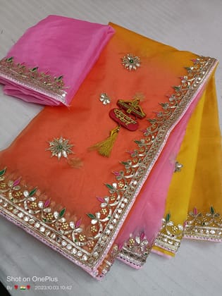 Pure Organza gota patti work saree-Orange yellow